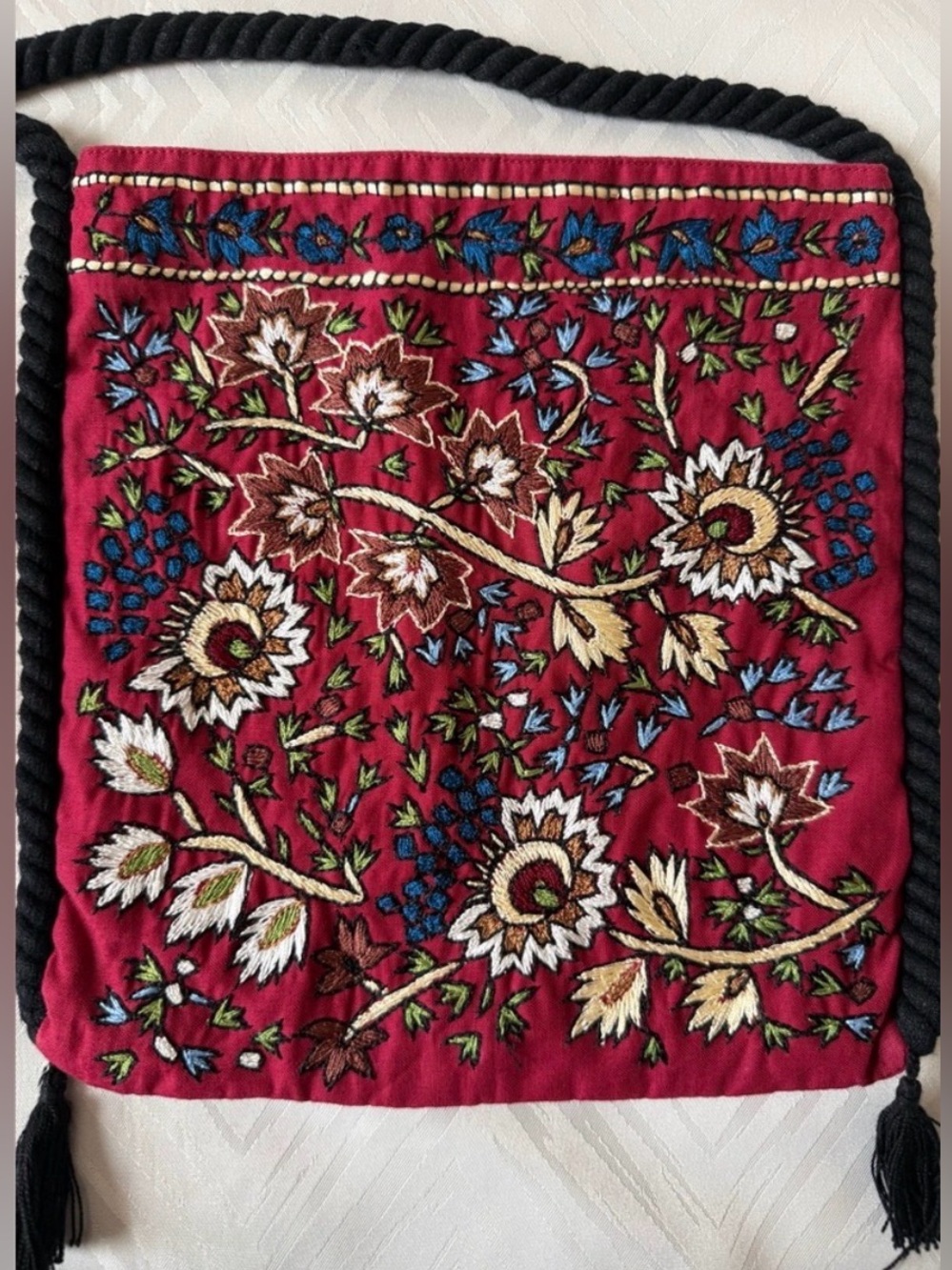 J. Crew Red Floral Embroidered Crossbody Bag Cotton Fabric Braided Strap Flower